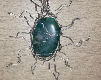 Moss Agate Handmade Silver Wire Wrap Sun Pendant