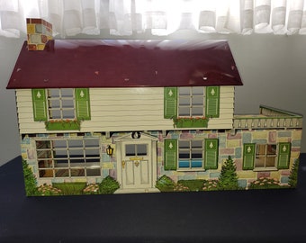 Vintage Mid Century Marx Tin Lithograph Two Story Dollhouse with Furniture and Dolls