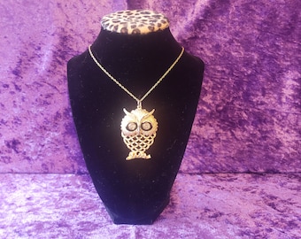 Vintage Large Retro Boho Gold Tone Owl Pendant