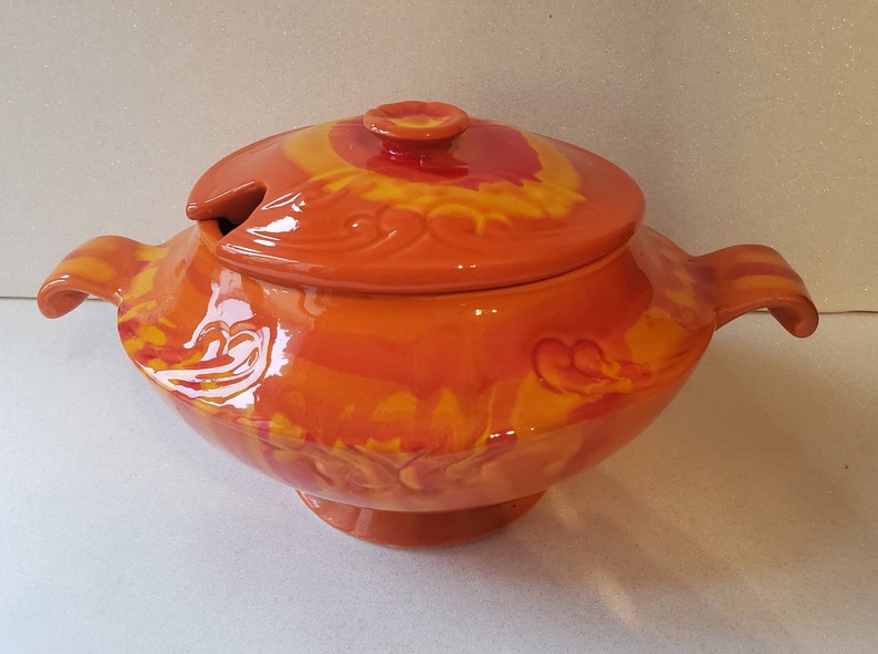 Vintage Mid Century Maurice of California Orange Drip Glaze Ceramic Tureen image 2