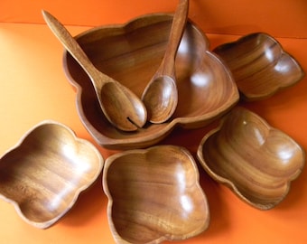 Vintage Wooden Monkey Pod Salad Bowl Set MCM
