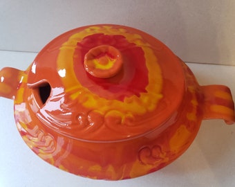 Vintage Mid Century Maurice of California Orange Drip Glaze Ceramic Tureen