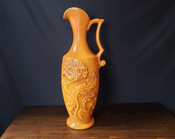 Vintage MCM Royal Haeger USA Orange Pitcher Vase with Floral Design