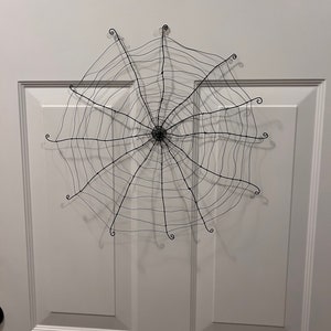 May include: A black wire spider web hanging on a white door. The web is circular and has a small black spider in the center.