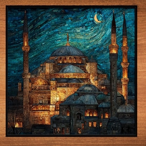 May include: A detailed mosaic illustration of the Hagia Sophia mosque in Istanbul, Turkey. The mosque is depicted in a blue and gold color scheme with a crescent moon in the sky above. The illustration is framed in a wooden frame.