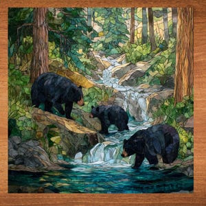 May include: A mosaic artwork depicting three black bears in a forest scene. The bears are near a stream with a waterfall, surrounded by trees and foliage in shades of green, brown, and blue. The artwork is set on a wooden surface.
