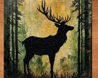 May include: A black silhouette of a deer with large antlers stands in a forest setting. The background is a textured, cracked, and faded green and yellow color.