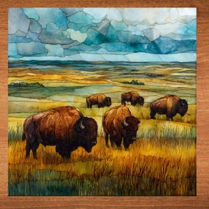 May include: A watercolor painting depicts a herd of bison grazing in a prairie landscape. The artwork features a vibrant sky with blue and gray clouds, and the field is rendered in shades of yellow, green, and brown. The bison are brown with dark heads.
