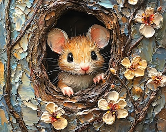 Könnte beinhalten: Ein Ölgemälde mit dicker Impasto-Textur, das eine kleine braune Maus zeigt, die aus einer dunklen Baumhöhle hervorschaut. Die umgebende Rinde ist in Blau- und Brauntönen strukturiert und mit weißen und orangefarbenen Kirschblüten akzentuiert.