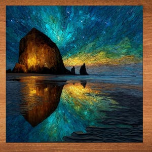 May include: A mosaic-style painting of a large rock formation on a beach at night. The sky is filled with stars and the rock is reflected in the water.