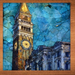 May include: A square wall art piece featuring a mosaic of a tall clock tower and adjacent building against a bright blue sky. The sky is composed of irregular turquoise and blue stone fragments, while the architecture is rendered in warm amber tones.