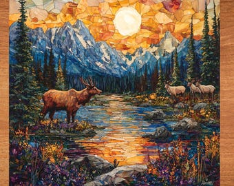 May include: A mosaic artwork depicting a mountain scene with a large sun in the sky, a river flowing through the foreground, and a large elk standing on the riverbank. There are three smaller elk in the background. The artwork is made up of small pieces of glass and other materials.
