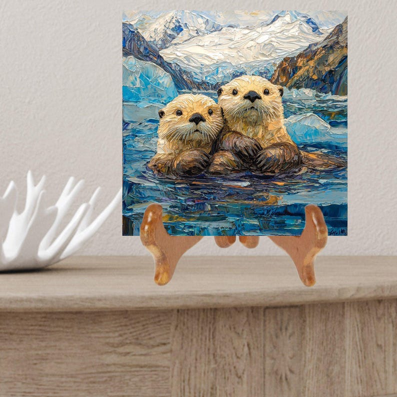 Sea Otters Glacier Bay Ceramic Art Tile Beautiful Vista Gift for Traveler Nature Lover Bookshelf Decor Wall Art image 2