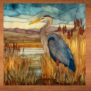 May include: A watercolor painting of a Great Blue Heron standing in a marsh. The heron has blue, gray, and brown feathers, a yellow beak, and is surrounded by tall grasses and cattails. The background features a landscape of mountains and a lake.
