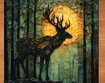 May include: A black silhouette of a deer with large antlers stands in front of a yellow and green cracked background. The deer is facing right and the background is reminiscent of a forest.