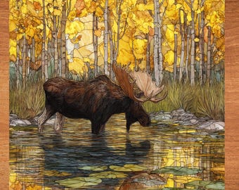 May include: An artistic depiction of a moose standing in a pond, drinking water. The moose is brown with large antlers. The background features a forest with yellow and gold leaves, reflecting in the water. The artwork is framed in a wooden border.