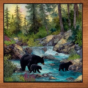 May include: A decorative tile featuring a watercolor painting of a forest scene with a family of black bears in a stream. The artwork includes a waterfall, trees, and colorful foliage, framed in a wooden border.