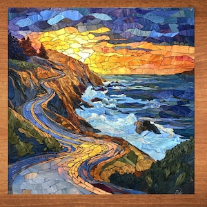 May include: A mosaic artwork depicting a winding road along a cliffside overlooking a blue ocean with white waves crashing against the shore. The sky is a vibrant orange and yellow sunset with blue clouds.