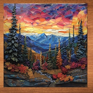 May include: A stained glass style painting of a mountain landscape with a sunset sky. The mountains are blue and purple, and the sky is a mix of orange, pink, and purple. There are trees in the foreground, and a small stream flows through the scene.
