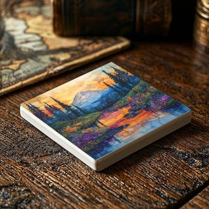 May include: A square ceramic coaster with a watercolor painting of a mountain range, trees, and a river. The colors are blue, green, yellow, and orange.