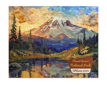 Rompecabezas del Parque Nacional Mount Rainier con mensaje personalizado, hermoso diseño de vidriera, regalo para amantes de la naturaleza.