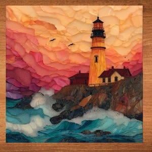 May include: A vibrant artwork depicts a lighthouse on a rocky coast under a colorful sunset sky. The lighthouse is yellow with a black top, and the sky transitions from orange to pink. Waves crash against the rocks, creating a dynamic coastal scene.