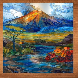 May include: Stained glass panel depicting a mountain landscape with a volcano, river, and flowers. The artwork features vibrant colors including blues, oranges, and greens. The panel is framed in a wooden border, creating a decorative piece.