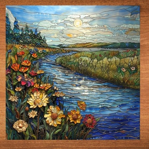 May include: Stained glass panel depicting a serene landscape with a river flowing through a field of wildflowers. The artwork features a blue sky with a full moon and a sun, and a variety of colorful flowers in shades of yellow, orange, and red.