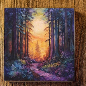 May include: A painting of a forest path leading into a clearing. The trees are tall and slender, with a blue-purple hue. The path is made of stone steps and is surrounded by lush greenery. The sky is a vibrant orange and yellow, with a bright sun shining through the trees.