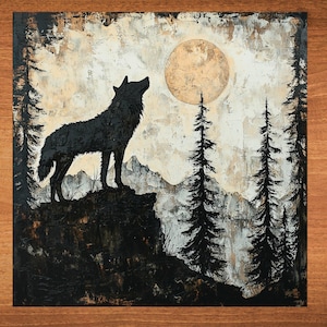 May include: A black wolf silhouette howling at a full moon in a textured painting. The artwork features a mountain range, pine trees, and a neutral color palette, creating a dramatic, nature-themed scene.