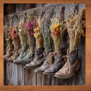 May include: A rustic display of weathered cowboy boots repurposed as flower vases. Each boot, in varying shades of brown and green, holds a bundle of dried flowers and grasses, creating a charming, country-style aesthetic. The boots are suspended from a wooden plank.