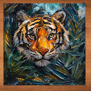 May include: A close-up portrait of a tiger's face, painted in a textured style with vibrant orange, yellow, and black stripes. The tiger's eyes are focused on the viewer, and the background is a blur of green and blue foliage.