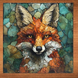 May include: A close-up of a fox's face, painted in a mosaic style with various shades of brown, orange, and green. The fox's eyes are bright yellow, and its nose is black. The background is a mosaic of green and blue.