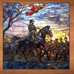 May include: A stained glass window depicting a military scene with a man on horseback leading a group of soldiers. The scene is set against a sunset background with a blue and purple sky.