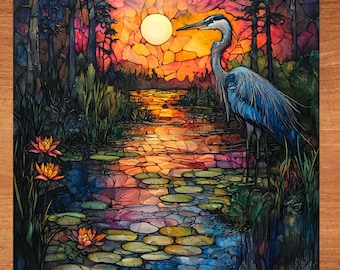 May include: A blue heron stands in a swampy area with a sunset in the background. The water is filled with lily pads and the sky is a mix of orange, pink, and purple.