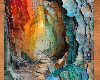 May include: A colorful abstract mosaic artwork depicting a narrow passageway with a light source at the end. The mosaic is made of small, irregular pieces of glass in shades of blue, green, orange, and red.