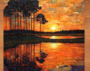 Könnte beinhalten: Ein Gemälde, das einen Sonnenuntergang über einem See mit einer Reihe von Bäumen im Vordergrund zeigt. Der Himmel ist in leuchtenden Orange- und Gelbtönen gehalten, mit Wolken, die sich im Wasser spiegeln. Die Bäume sind vor dem Sonnenuntergang silhouettiert.