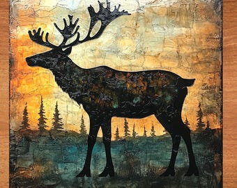 May include: A black silhouette of a large, antlered elk standing in a forest setting. The background is a textured, abstract painting with shades of brown, orange, and blue.