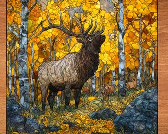 May include: A stained glass artwork depicts a majestic elk in a forest scene. The elk has large antlers and stands among trees with yellow and orange leaves. The artwork is framed in a wooden border.