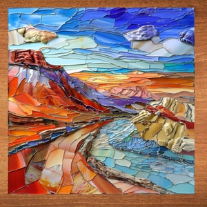 May include: A mosaic artwork depicting a colorful landscape with a blue sky, orange and red mountains, and a blue river winding through the scene.