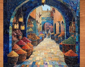 Moroccan Market Ceramic Art Tile Beautiful Vista Gift for Traveler Nature Lover Bookshelf Decor Wall Art