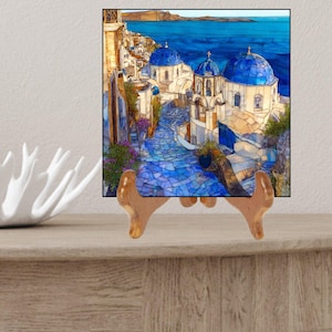 Santorini Greece Wall Art, Blue Dome Churches Decor, Mediterranean Landscape Print, Stained Glass Style Artwork