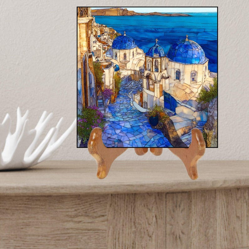 Santorini Greece Wall Art, Blue Dome Churches Decor, Mediterranean Landscape Print, Stained Glass Style Artwork