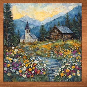 May include: A watercolor painting of a white church and a wooden cabin in a mountain valley. The scene is filled with colorful wildflowers and a stone path leading to the buildings.