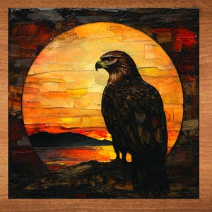 May include: A painting of a hawk perched on a rock with a sunset behind it. The hawk is facing left and has a dark brown body with a red eye. The sunset is a bright orange and yellow with a dark blue sky above it.