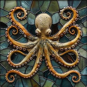 May include: A golden-brown octopus with textured skin and eight curled tentacles featuring visible suckers, centered against a background of dark teal and blue stained glass pieces arranged in a geometric mosaic pattern.