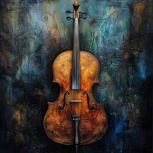 May include: A cello with a warm amber-toned wood finish featuring intricate, embossed swirling patterns across its body. The instrument has a dark fingerboard, four strings, and a black tailpiece, set against a textured, dark blue background.