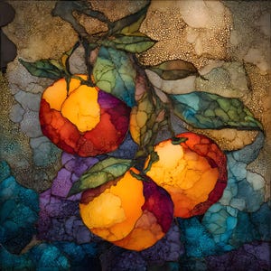 May include: An abstract alcohol ink painting featuring three vibrant orange citrus fruits hanging from a leafy branch. The artwork displays rich gradients of yellow, orange, red, and deep purple, set against a textured, mottled background.