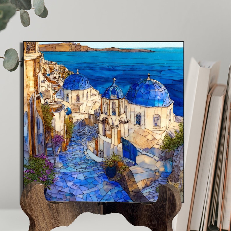 Santorini Greece Wall Art, Greek Island Decor, Mediterranean Blue Domes, Coastal Landscape Print, Summer Vacation Souvenir