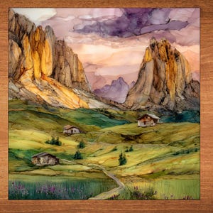 Azulejos de cerámica con motivos de los Dolomitas de Italia para decoración de paredes. Tamaños disponibles de 10 a 30 cm. Ideales para estanterías o para amantes de los viajes.